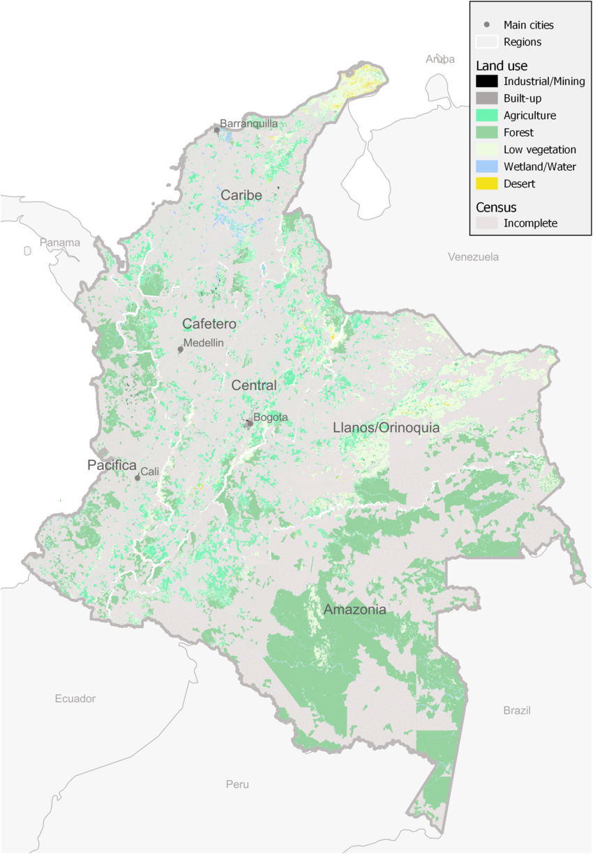 This map represents the land cover information as provided by the Copernicus CORINE land cover reclassified in seven classes (industrial/mining, built‐up, agriculture, forest, low vegetation, wetland/water, desert) for the enumeration areas of the census that have a coverage rate of 95% or more.