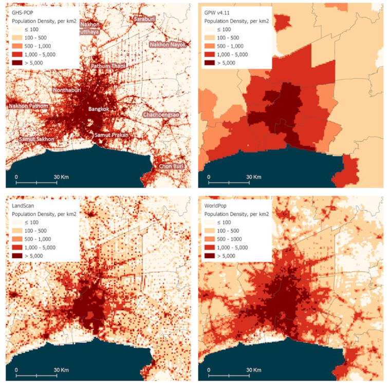 several  data  sets  from  the  leading producers of  global population  data compared and visualized  for  Bangkok