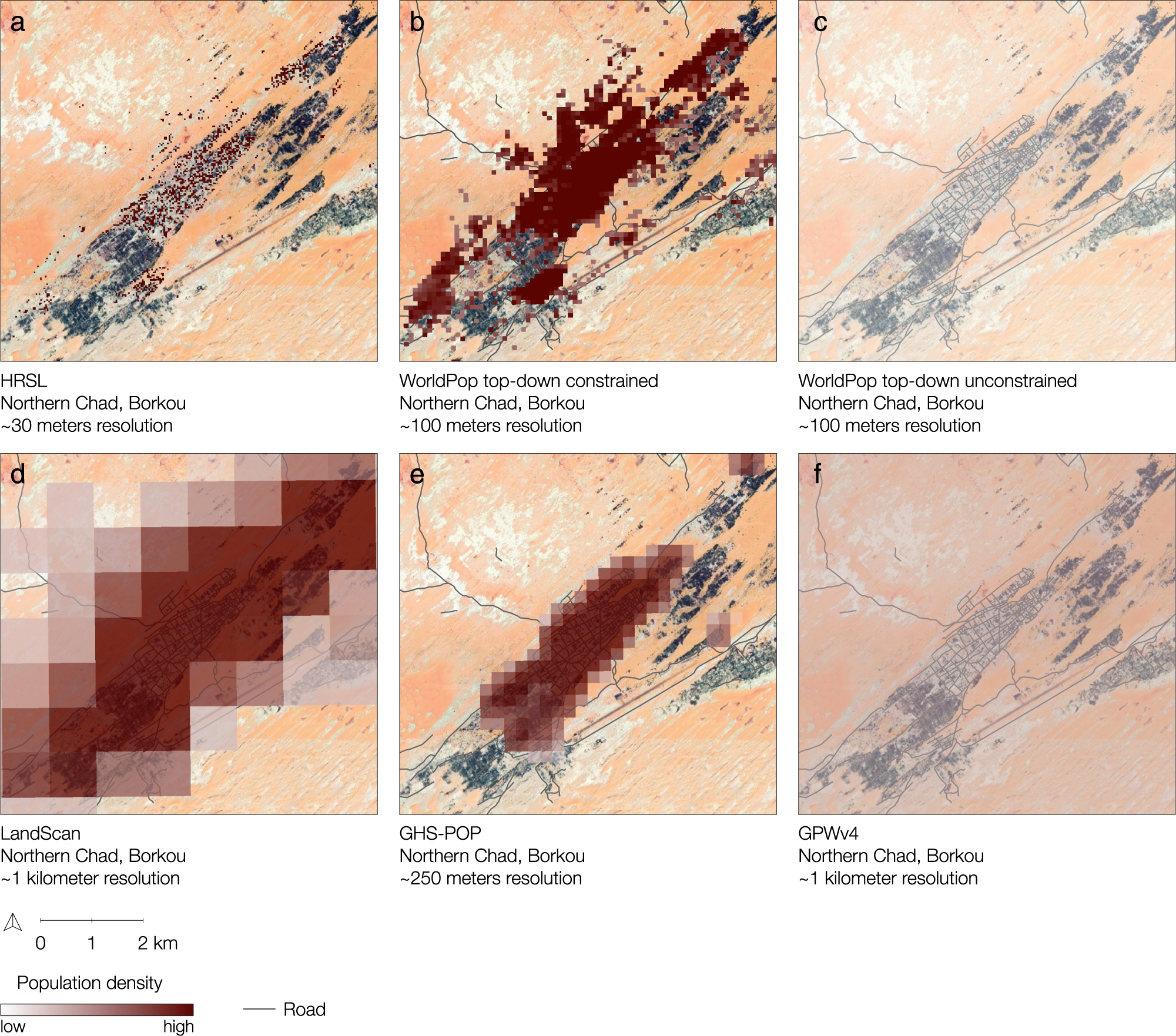 Visual comparison of gridded population datasets