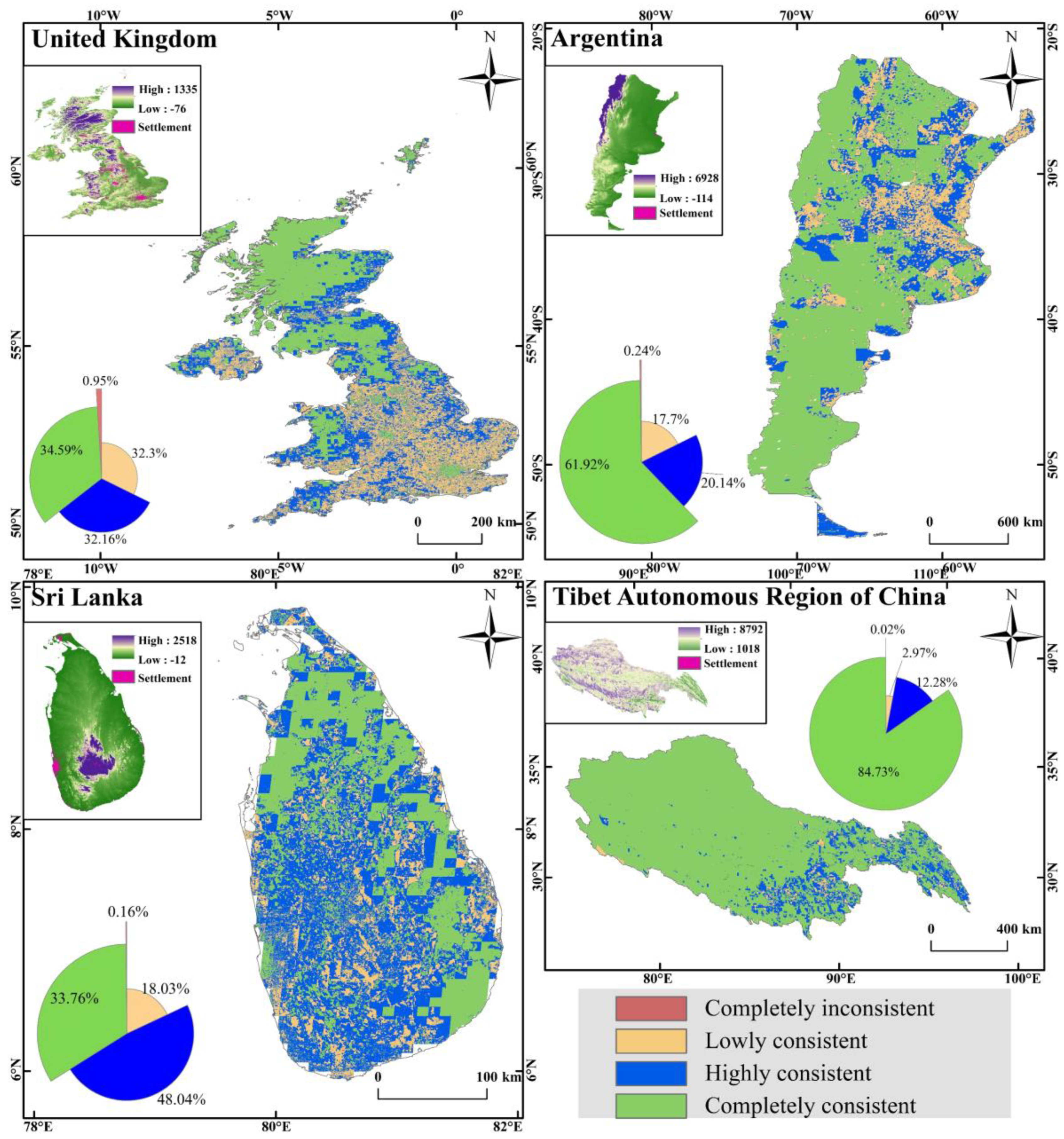 Spatial distribution consistency of four datasets in each case area (completely consistent: four datasets are consistent; highly consistent: three datasets are consistent; lowly consistent: two datasets are consistent; completely inconsistent: each dataset is inconsistent with the others)