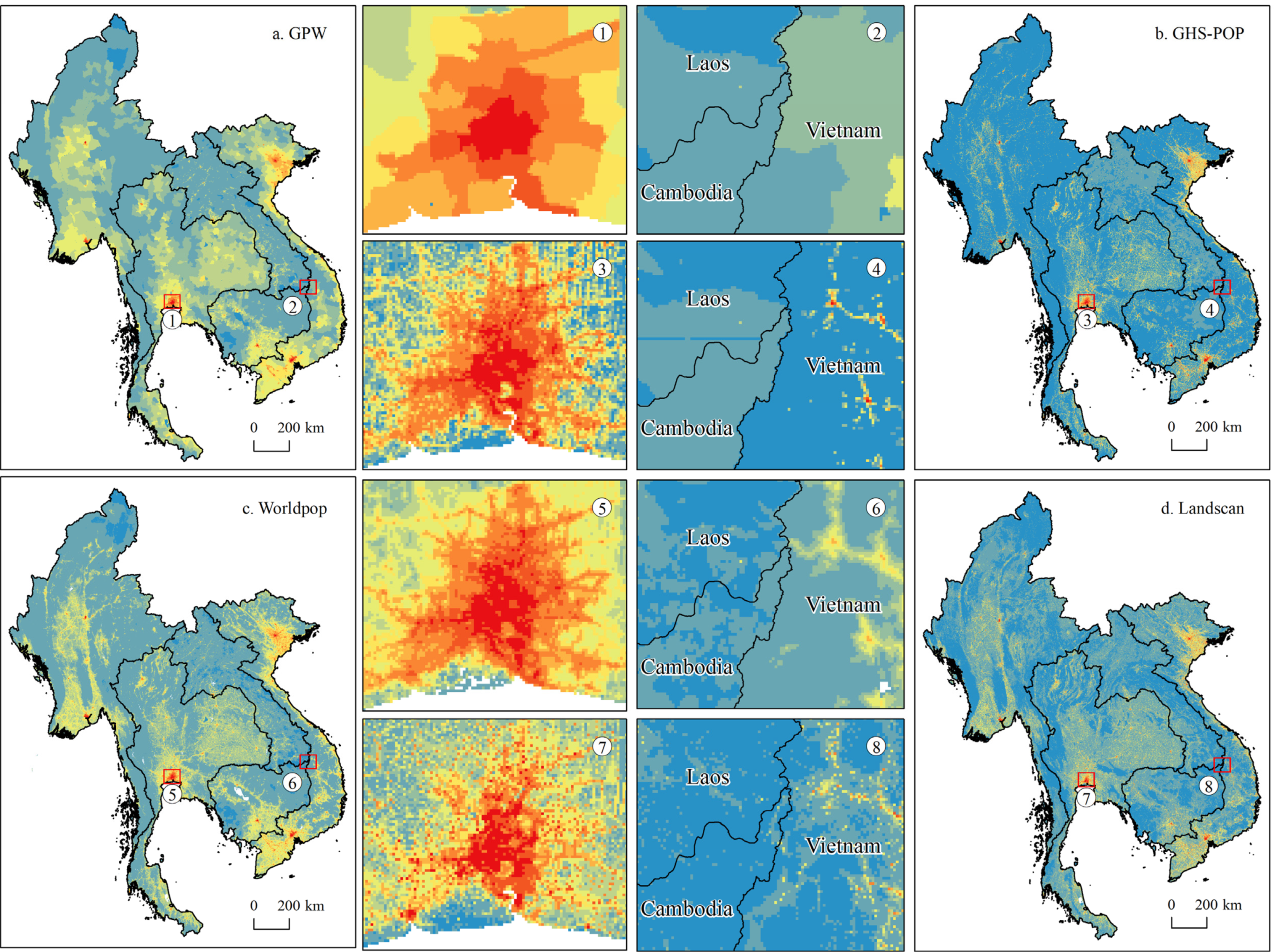 Differences in the spatial distribution of the four gridded population datasets in MSEA in 2015