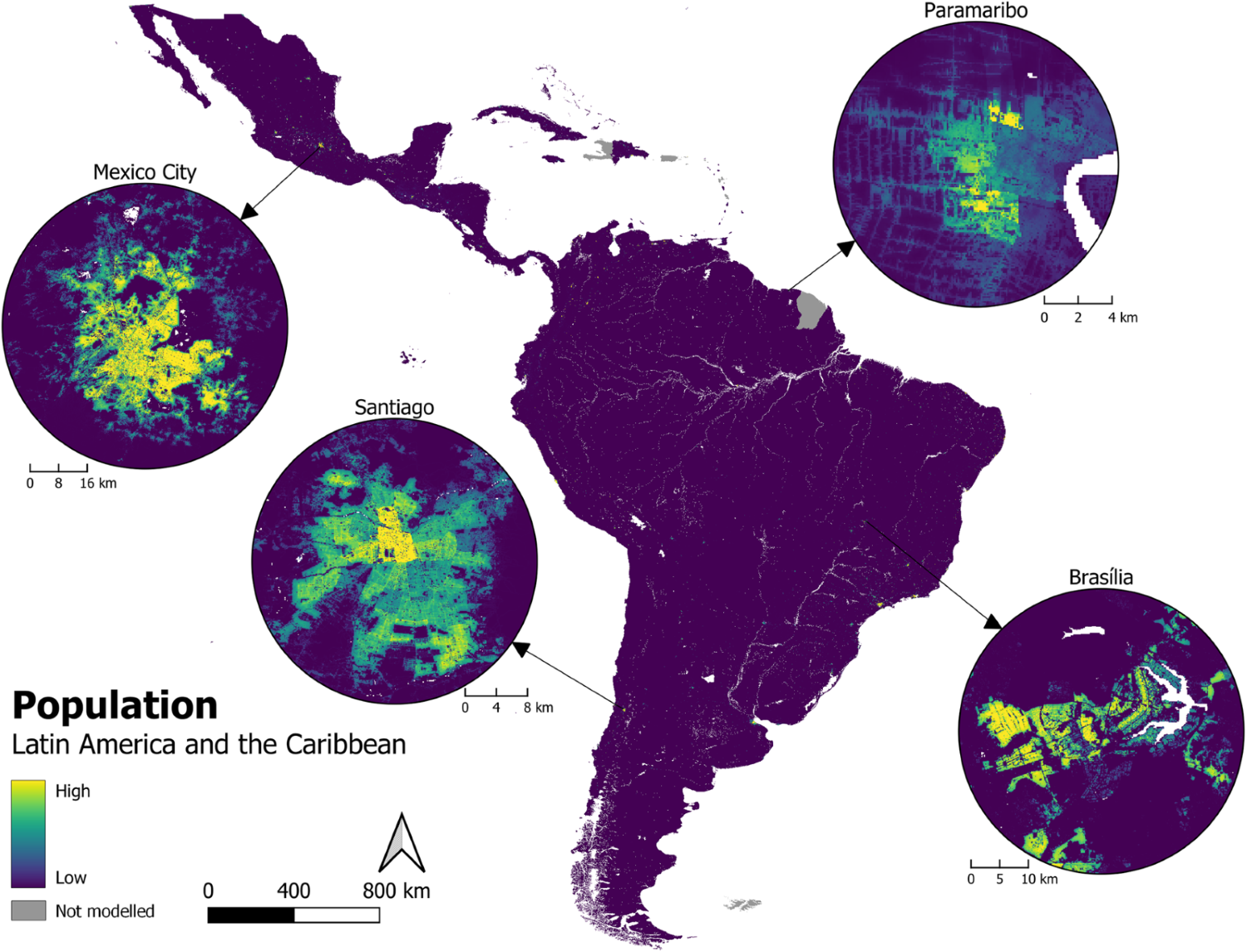 Map showing estimated people per grid cell for 40 countries in Latin America and the Caribbean. Fitted using all base covariates including built area layers