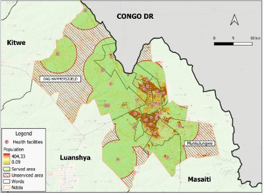 Map showing Gap Analysis for Health Service in Ndola District