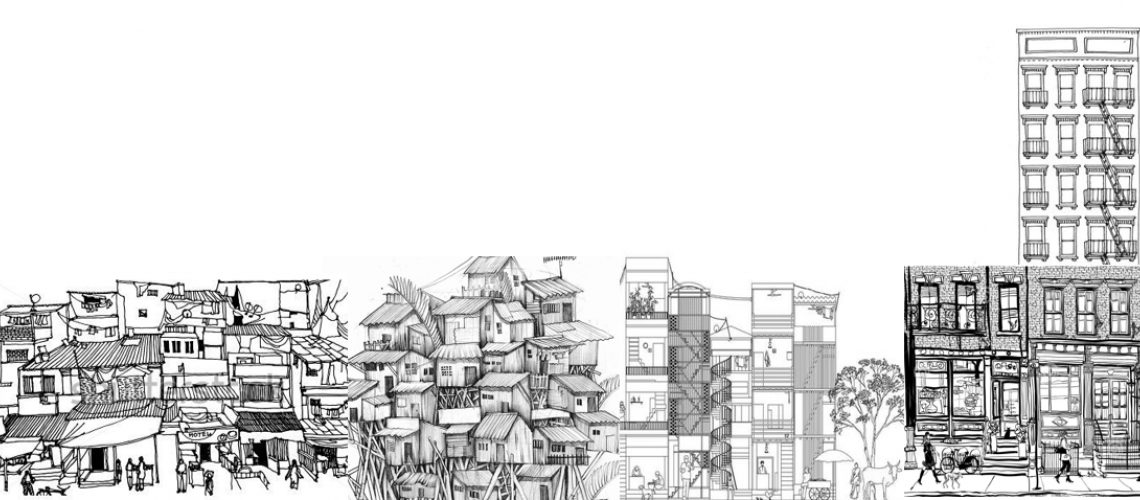 Figure 1. Feasibility of Social Distancing: Density is a symptom; underlying social disparities are the drivers. Sketch by Somya Bajaj.