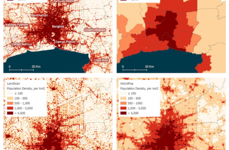 several  data  sets  from  the  leading producers of  global population  data compared and visualized  for  Bangkok